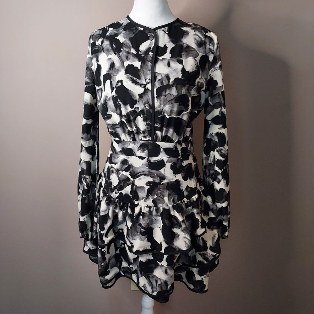Vita Grace Black & White Abstract Print Tiered Ruffle Mini Dress Size Small NWOT